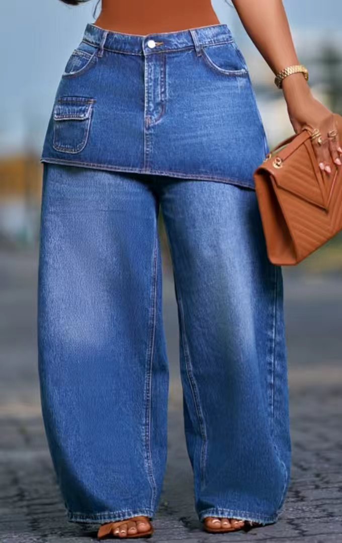 Skirt Overlay Wide Leg Denim Pants