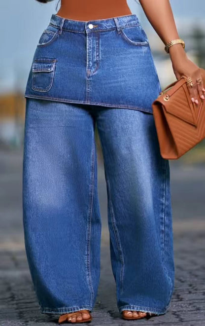 Skirt Overlay Wide Leg Denim Pants