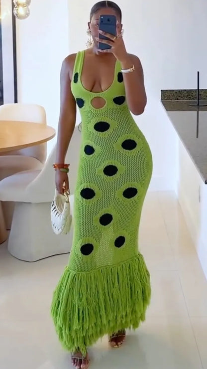 Neon Green Hollow Out Knit Fringe Mermaid Maxi Dress
