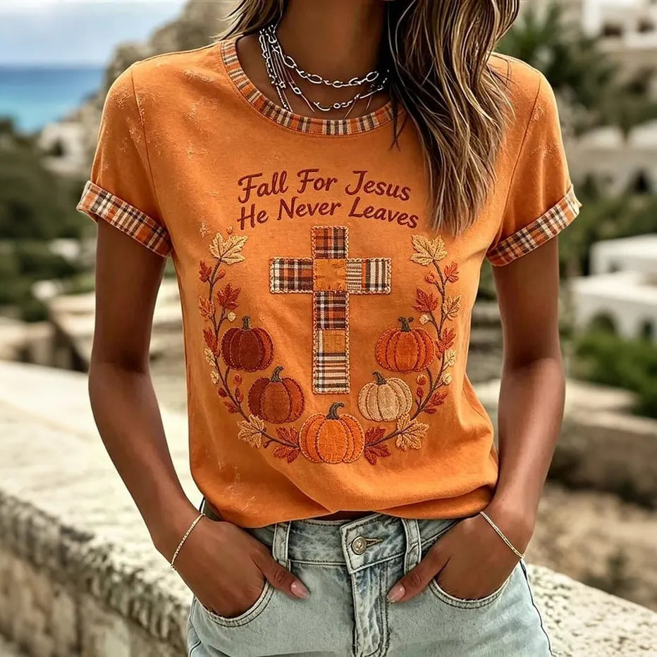 Fall For Jesus He Never Leaves Halloween Cat Patch Casual T-shirt.