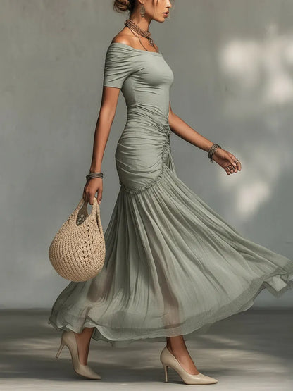Grey Stretch Fabric And Chiffon Maxi Dress