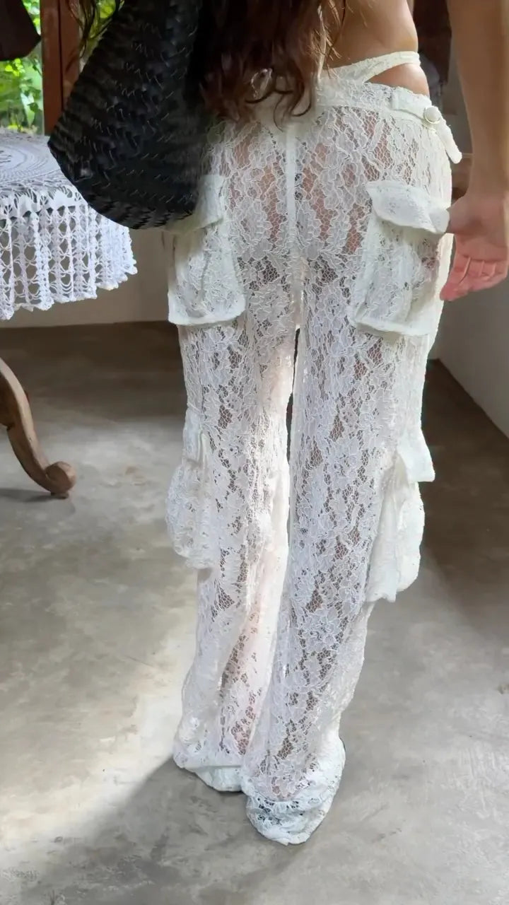 White Lace Cargo Wide Leg Pants