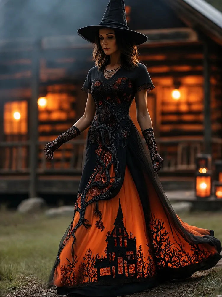 Women's Halloween Gradient Treehouse Design Witch V-neck Short Sleeves Maxi Dress