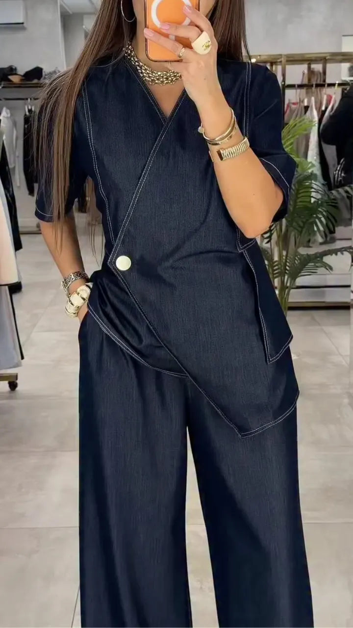 Dark Blue Denim Crossover Short Sleeve & Wide-Leg Pants Set