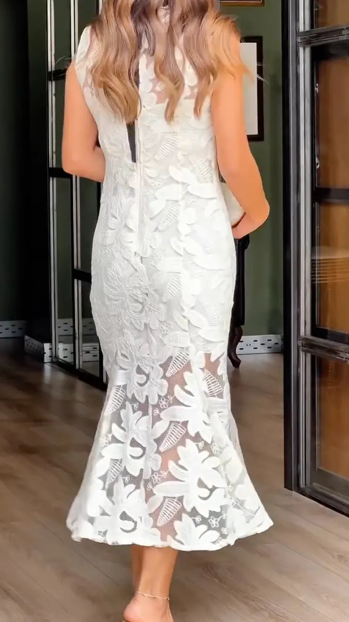 White Floral Lace Midi Dress