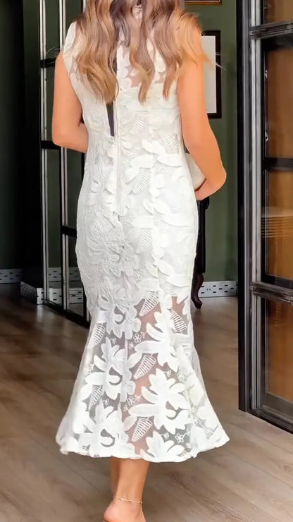 White Floral Lace Midi Dress
