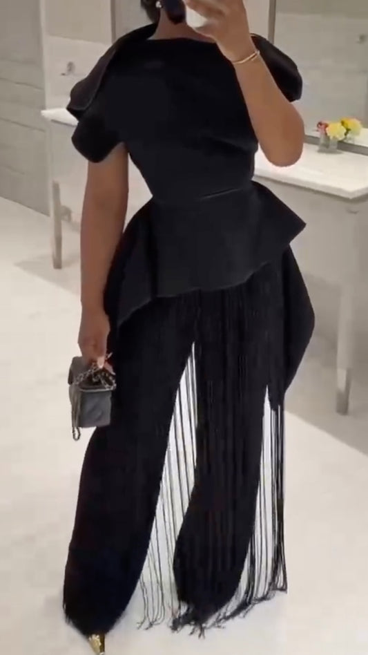 Black Peplum Top & Fringe Pants Co-Ord Set