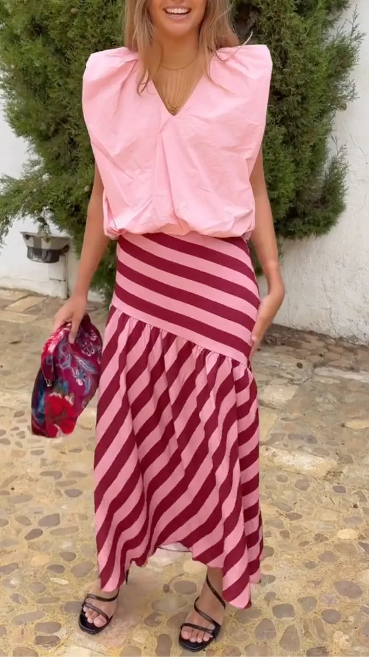 Pink V-Neck Puff Sleeve Top & Striped Midi Skirt Set