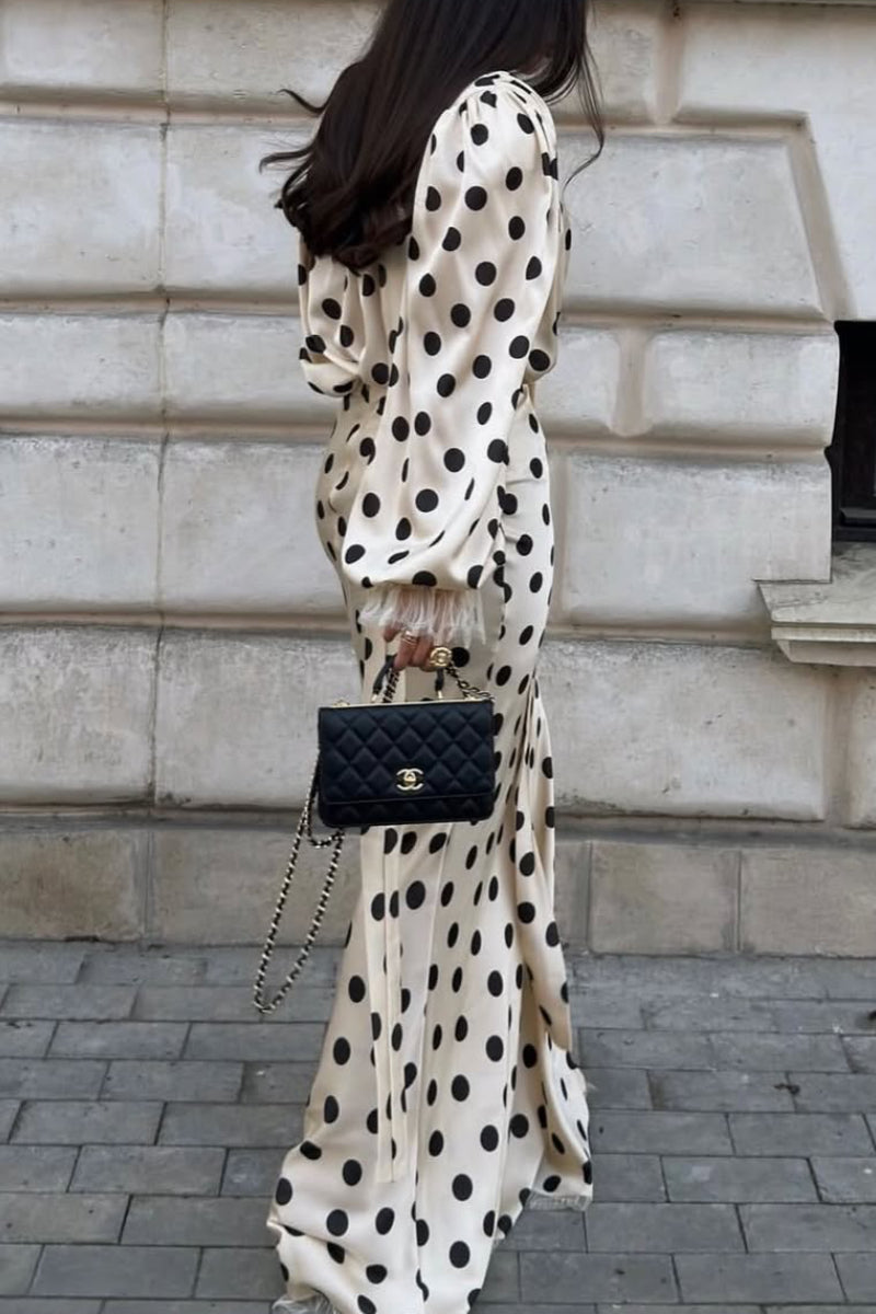 Women's V-Neck Polka Dot Satin Maxi Dress