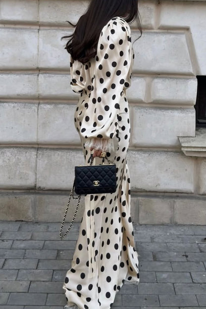 Women's V-Neck Polka Dot Satin Maxi Dress