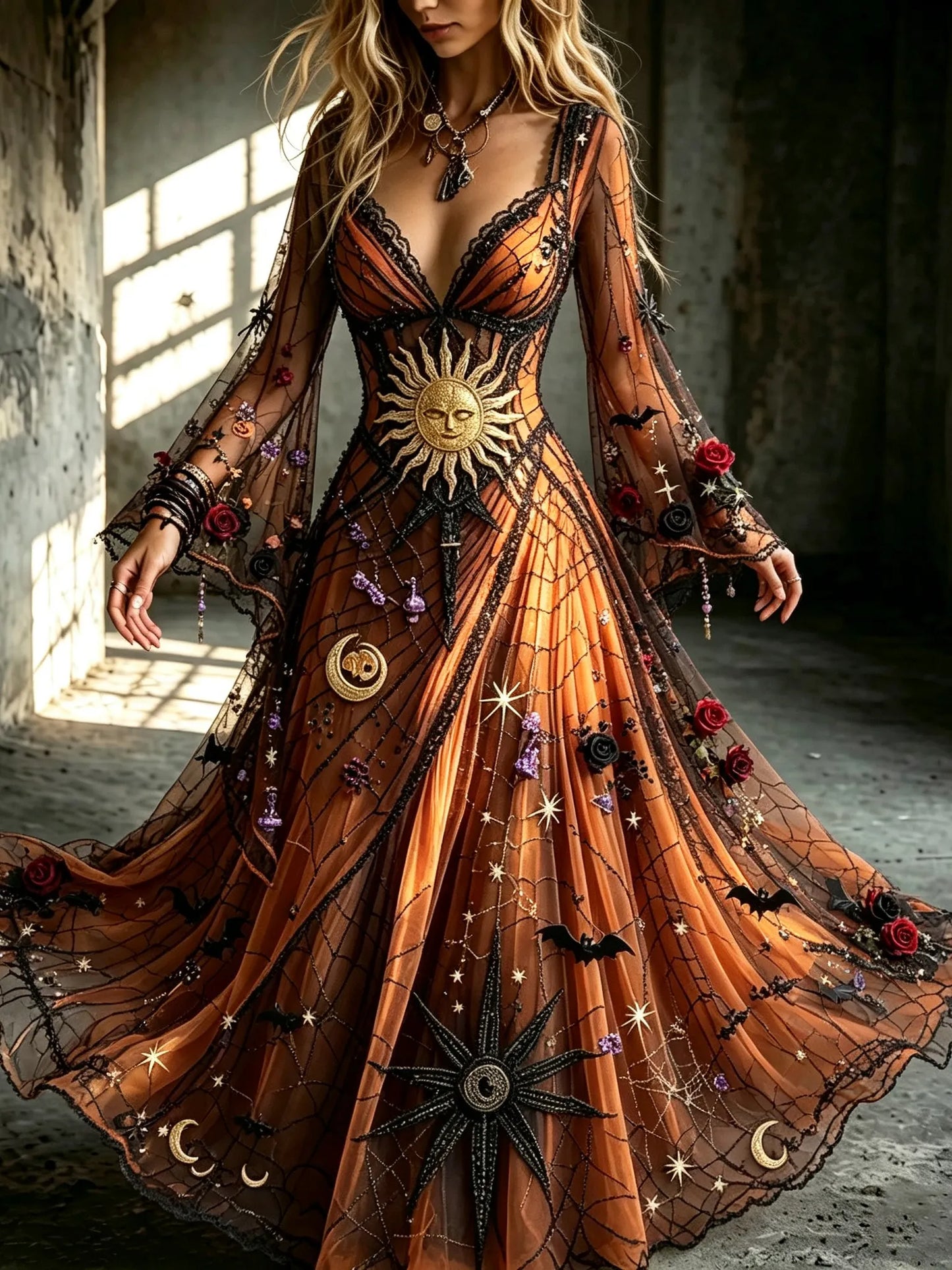 Women's Dark Sun And Moon Floral Design V-neck Cotton Linen Long-sleeved Dress