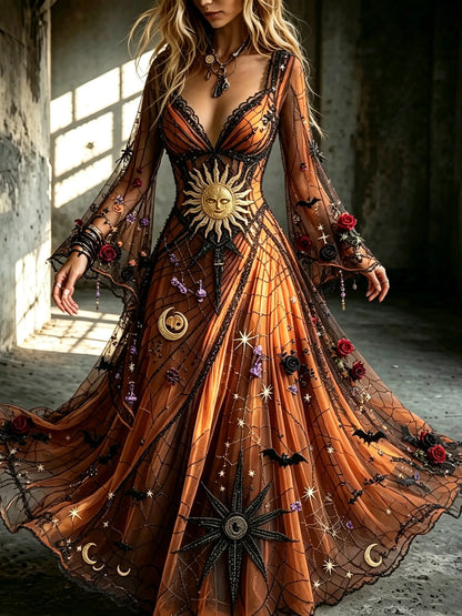 Women's Dark Sun And Moon Floral Design V-neck Cotton Linen Long-sleeved Dress