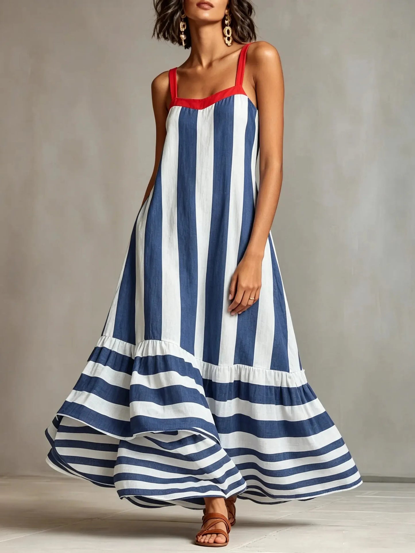 Women's Striped Contrast-Trim Spaghetti Strap Maxi Dress