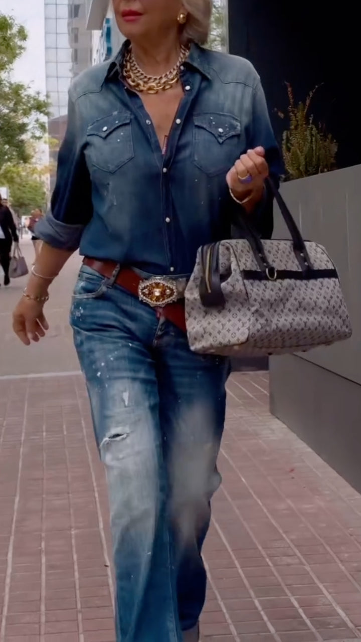 Dark Blue Denim Shirt & Light Wash Jeans Outfit