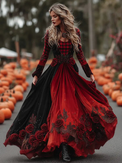 Women's Vintage Halloween Black Roses And Red Plaid Art Comfy Velvet Maxi Dress