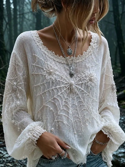 Women's Vintage Halloween Spider And Web Flower Embroidery Art Long Sleeve T-shirt