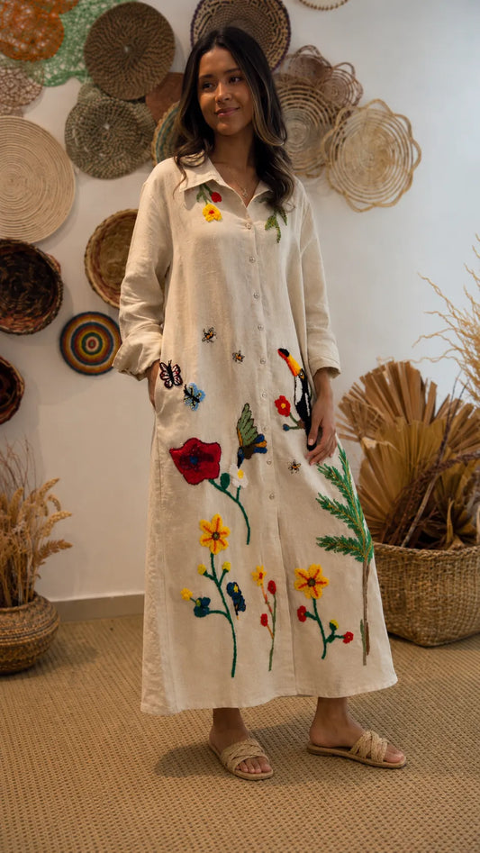Floral & Bird Embroidered Linen Shirt Midi Dress