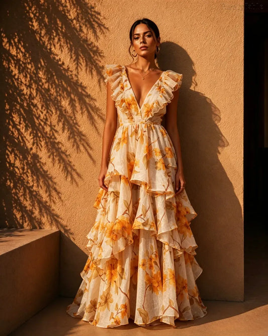 Yellow V Neck Floral Print Ruffle Hem Maxi Dress