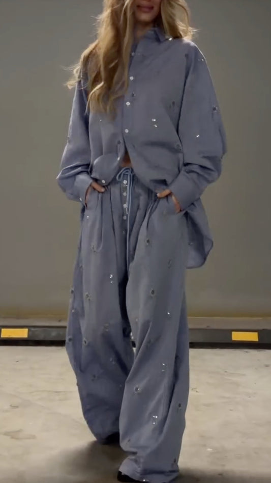 Sequin Oversized Shirt & Drawstring Wide Leg Pants Co‑Ord Set