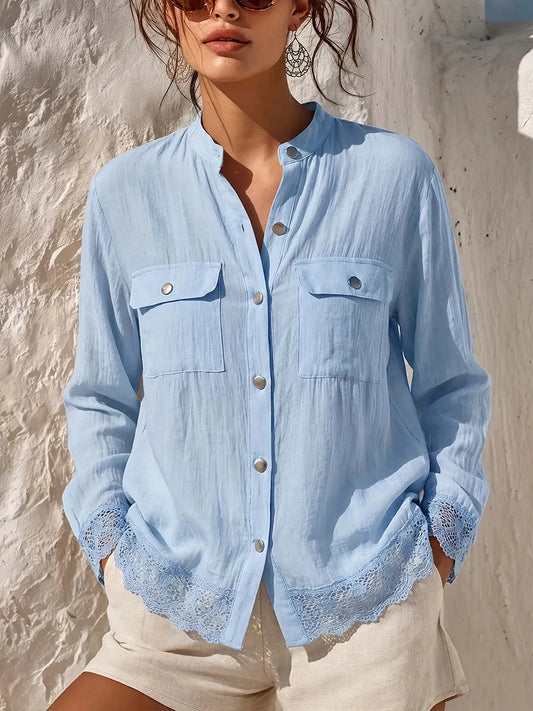 Women's Solid-color Stand-collar Long-sleeve Loose-fit Cotton-linen Shirt With Lace Paneling