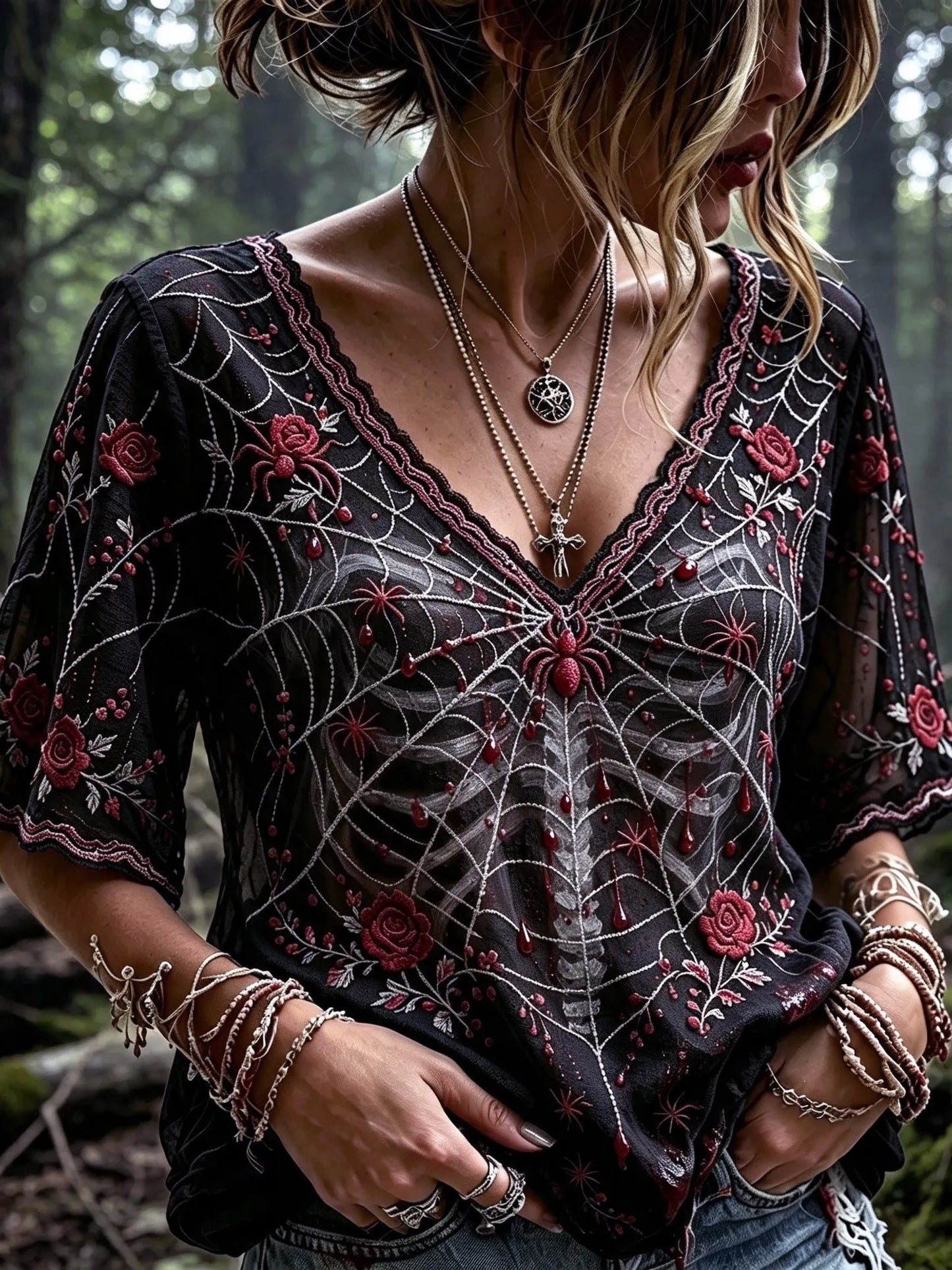 Women's Halloween-themed Spider, Rose, And Bone Print Top