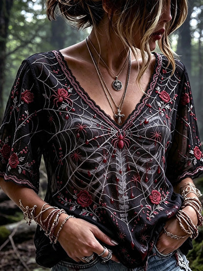 Women's Halloween-themed Spider, Rose, And Bone Print Top
