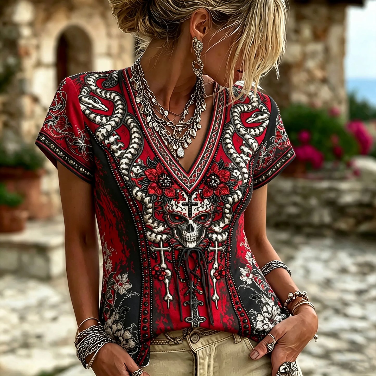 Women Gothic 3d Embroidery Skull Double Snake Floral V Neck Lace Up Short Sleeve Top