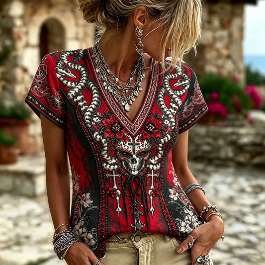 Women Gothic 3d Embroidery Skull Double Snake Floral V Neck Lace Up Short Sleeve Top