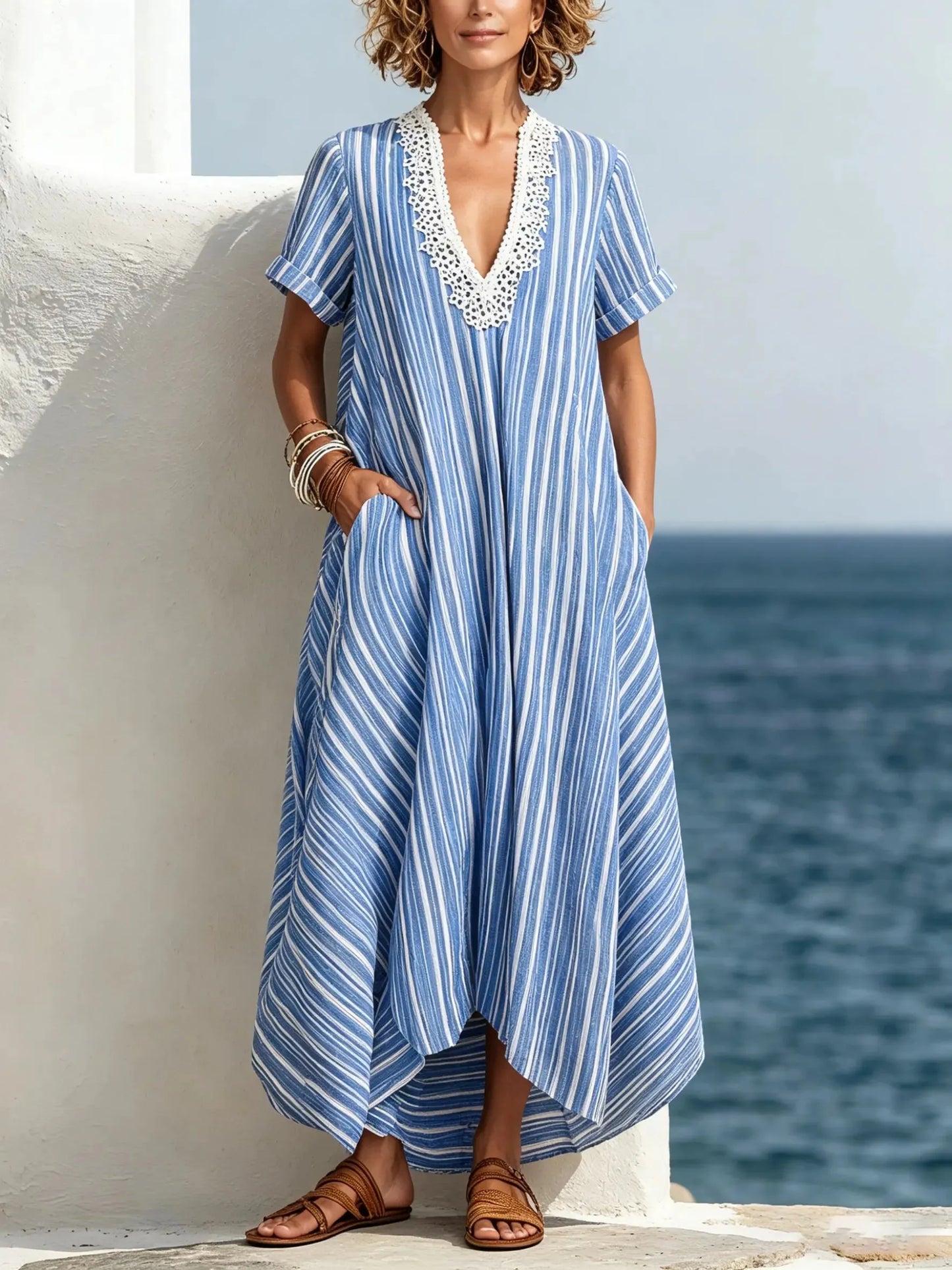 Women's Striped Lace V-Neck Pocket Midi Dress