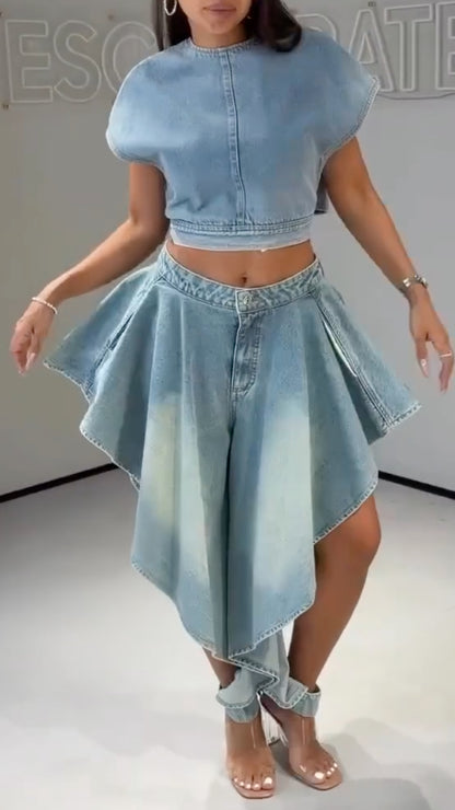 Women's Denim Two-Piece Set: Cap-Sleeve Cropped Top + Asymmetrical Pants