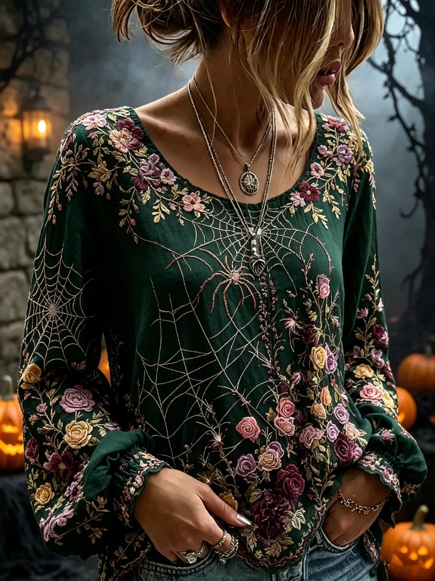 Women's Flowers Spider Web Art Print Flowy Linen Blend Long Sleeve Casual Tops
