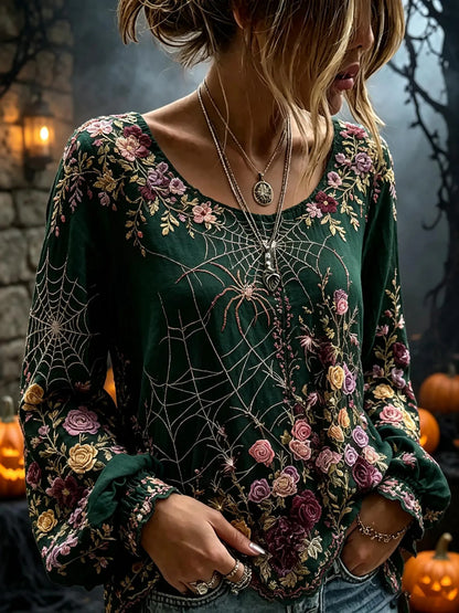Women's Flowers Spider Web Art Print Flowy Linen Blend Long Sleeve Casual Tops