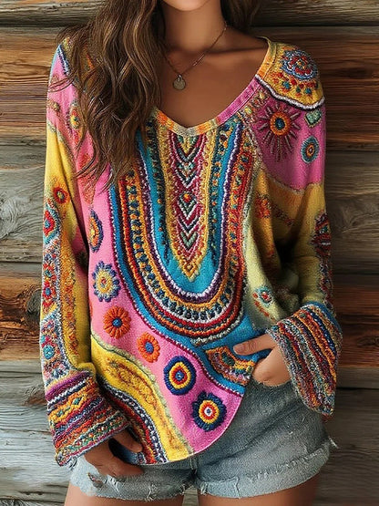 Women's Floral Art Print Casual V-neck Long Sleeve Top