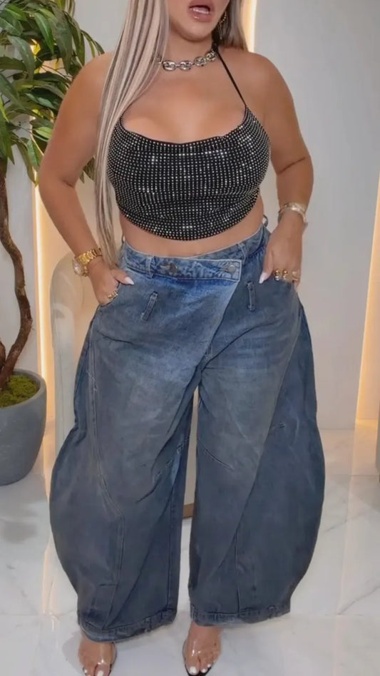 Black Sparkly Crop Top & Baggy Denim Pants