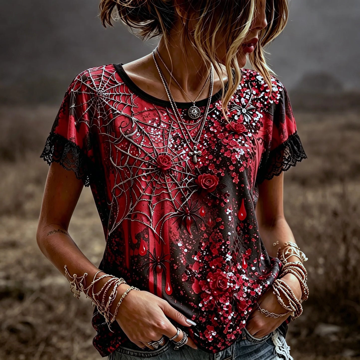 Women's Retro Halloween Style Rose And Spider Embroidery Sequin Print Top