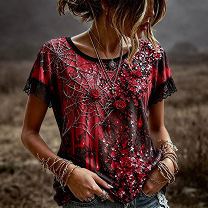 Women's Retro Halloween Style Rose And Spider Embroidery Sequin Print Top