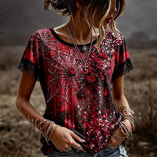 Women's Retro Halloween Style Rose And Spider Embroidery Sequin Print Top