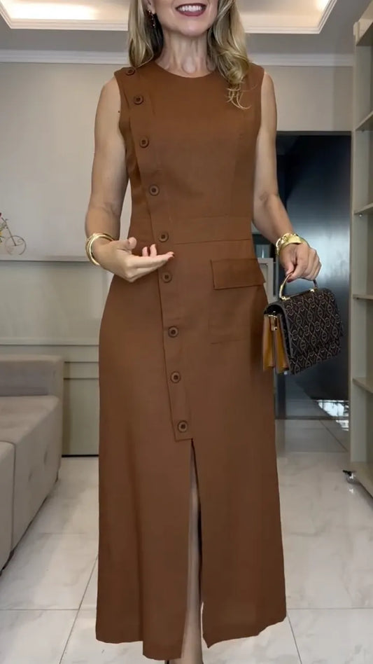 Brown Sleeveless Button‑Front Midi Dress
