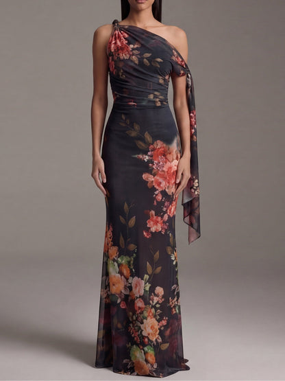 Black One-Shoulder Printed Pleated Chiffon Maxi Dress