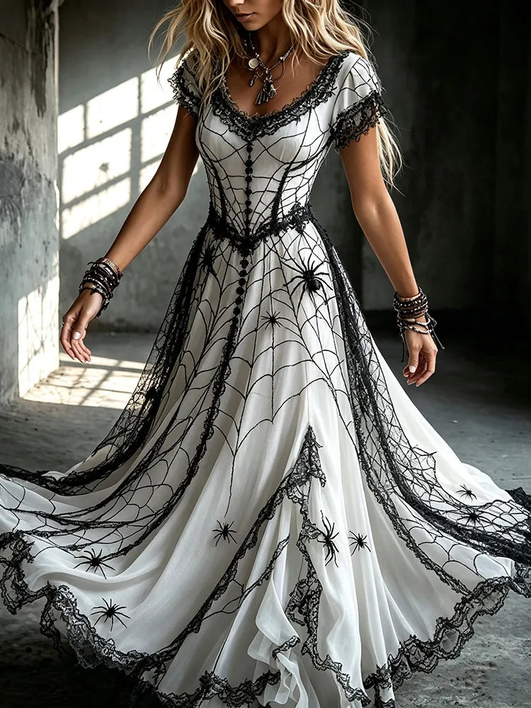 Women's Dark Gothic Spider Design V-neck Short-sleeved Dress
