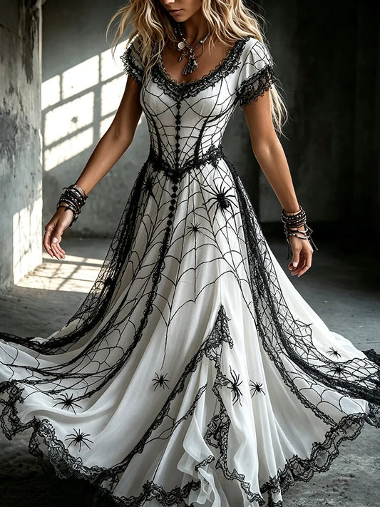 Women's Dark Gothic Spider Design V-neck Short-sleeved Dress