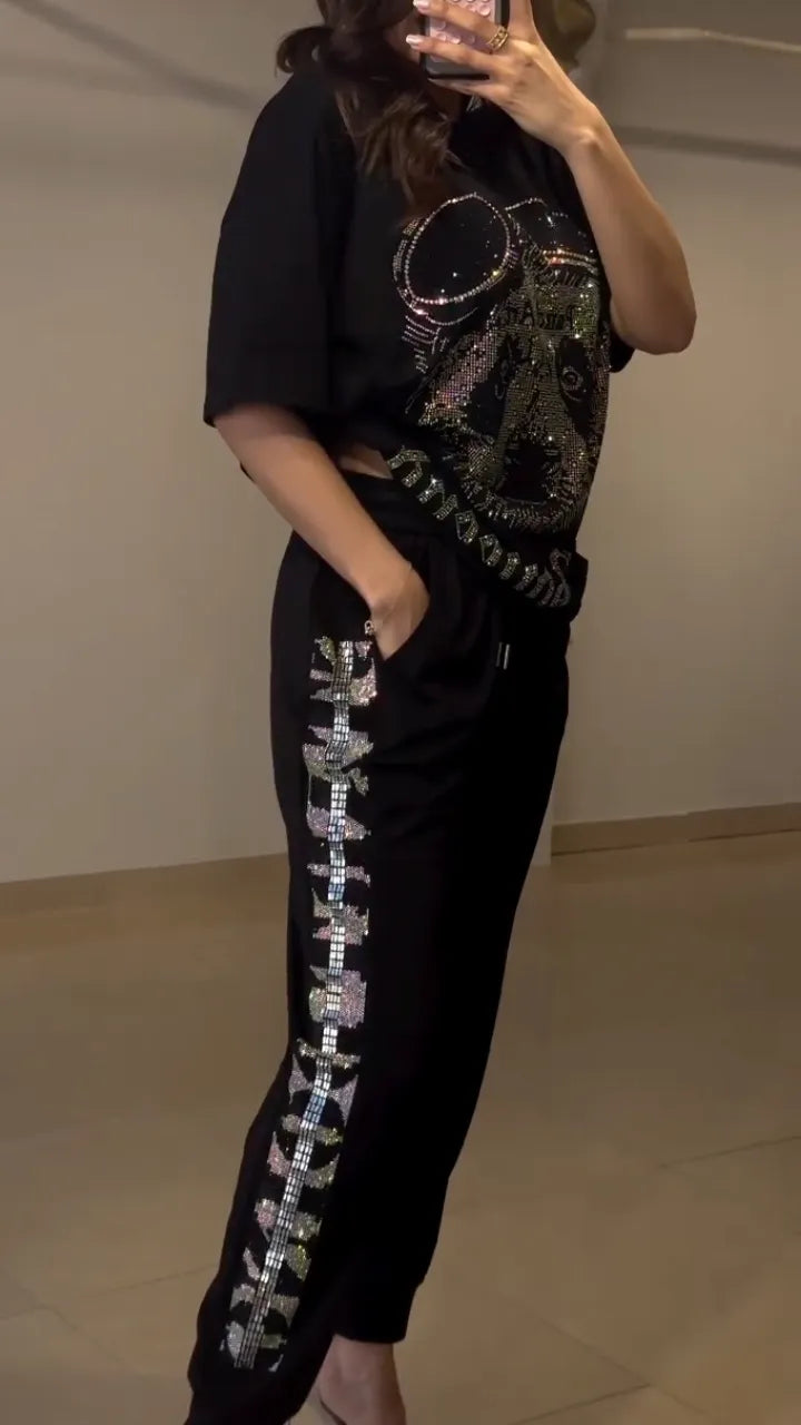 Black Rhinestone Panda Print Loungewear Set