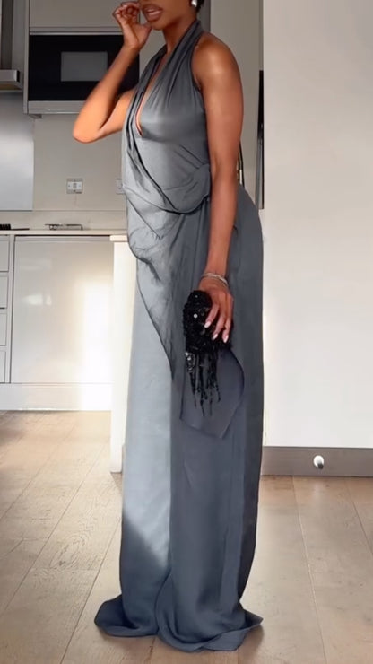 Grey Halter Neck Draped Wide Leg  Pants Set