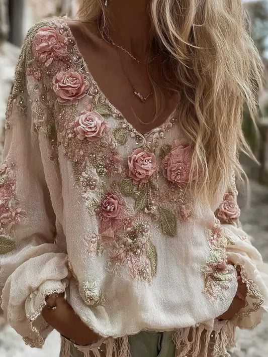 Women's Vintage Roses Embroidery Art V-neck Long Sleeve Linen Blend T-shirt