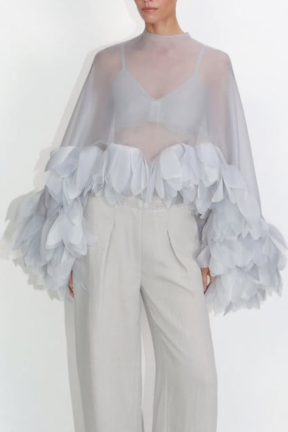 Light Grey Sheer Organza Blouse with 3D Petal Ruffle Sleeves