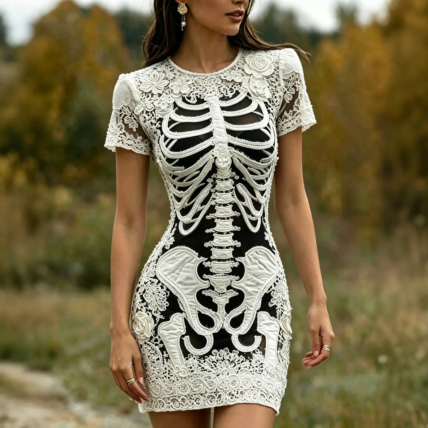 Women's Vintage Halloween Rose And Bloody Art Crew Neck Short Sleeve Mini Dress