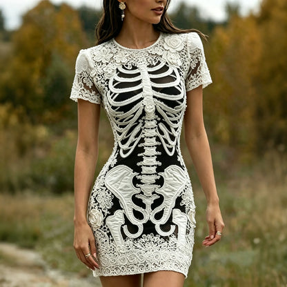 Women's Vintage Halloween Rose And Bloody Art Crew Neck Short Sleeve Mini Dress