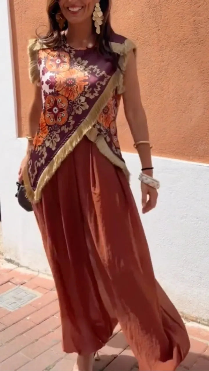 Boho Floral Fringe Asymmetric Top