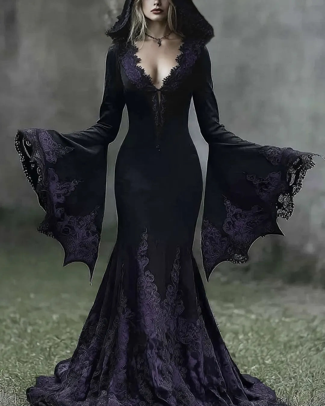 Women's Halloween Embroidered Bat Sleeve Hooded Dress bf8e