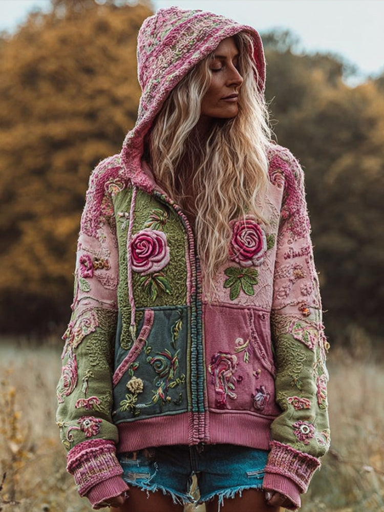 Women's Vintage Fabric Embroidered Patchwork Hoodie